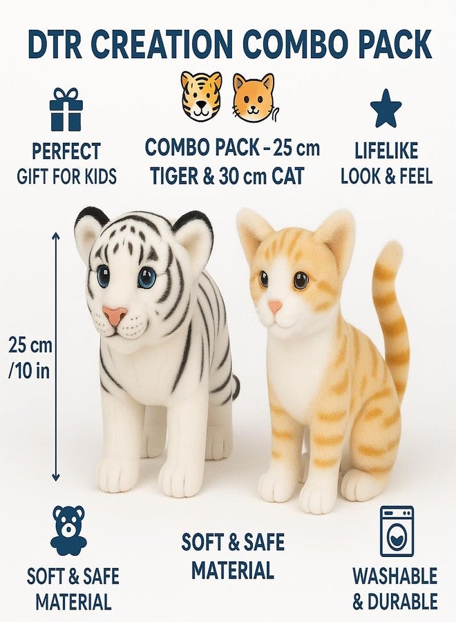 DTR Creation Combo Pack ? 25cm White Tiger & 30cm Orange Cat Plush Toys | 2 Soft Stuffed Animals for Kids | Cute Jungle & Pet Plushies for Boys & Girls (Pack of 2) - Image 5